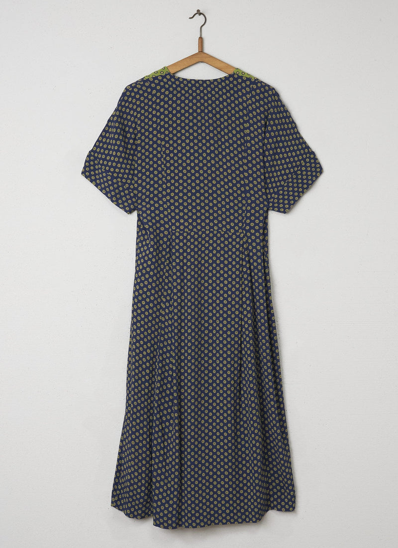 Reworn Ditsy Print Dress Size 6 (042) | Pea Green/Prussian Blue