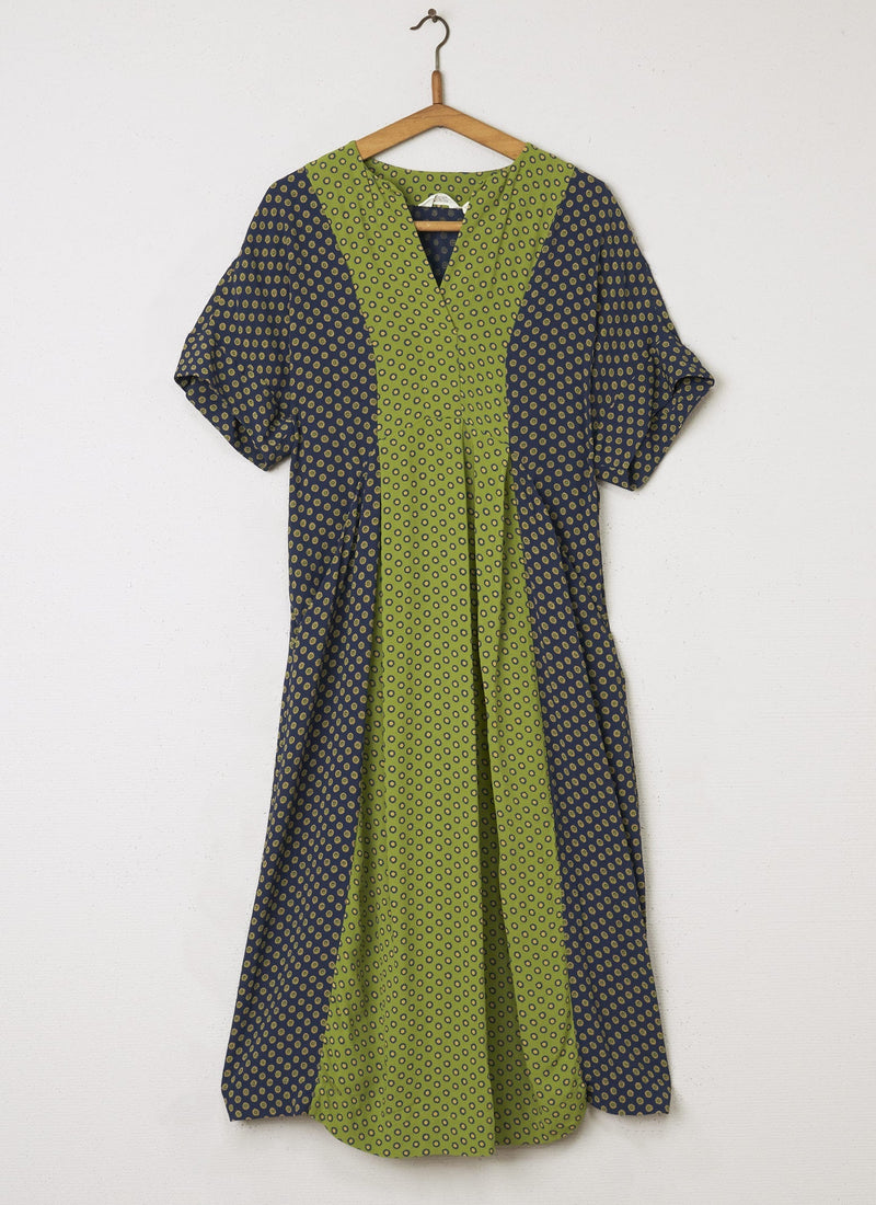 Reworn Ditsy Print Dress Size 6 (042) | Pea Green/Prussian Blue
