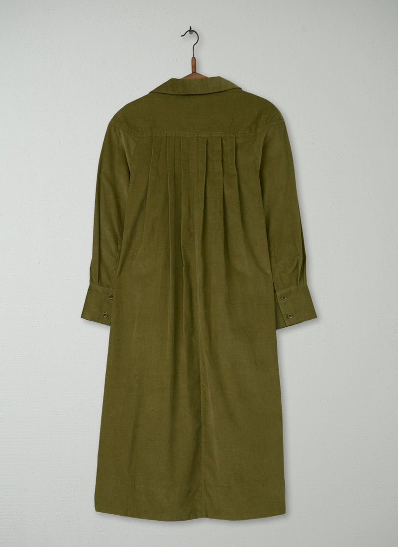 Reworn Pleated Needlecord Dress Size 6 (1447) | Antique Olive