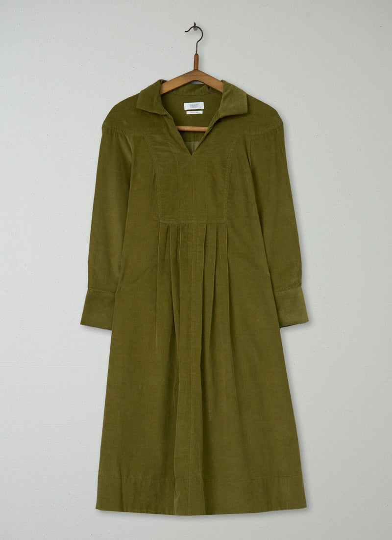 Reworn Pleated Needlecord Dress Size 6 (1447) | Antique Olive