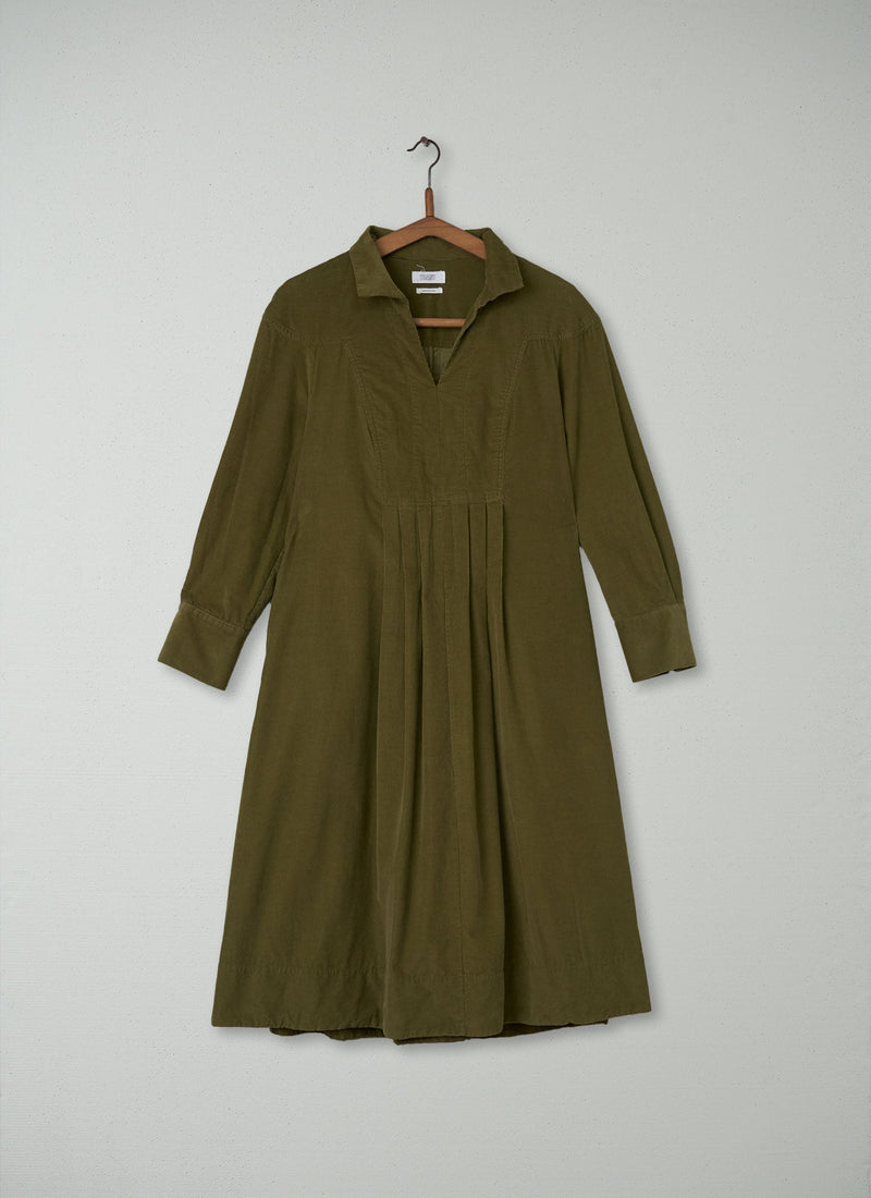 Reworn Pleated Needlecord Dress Size 10 (187) | Antique Olive