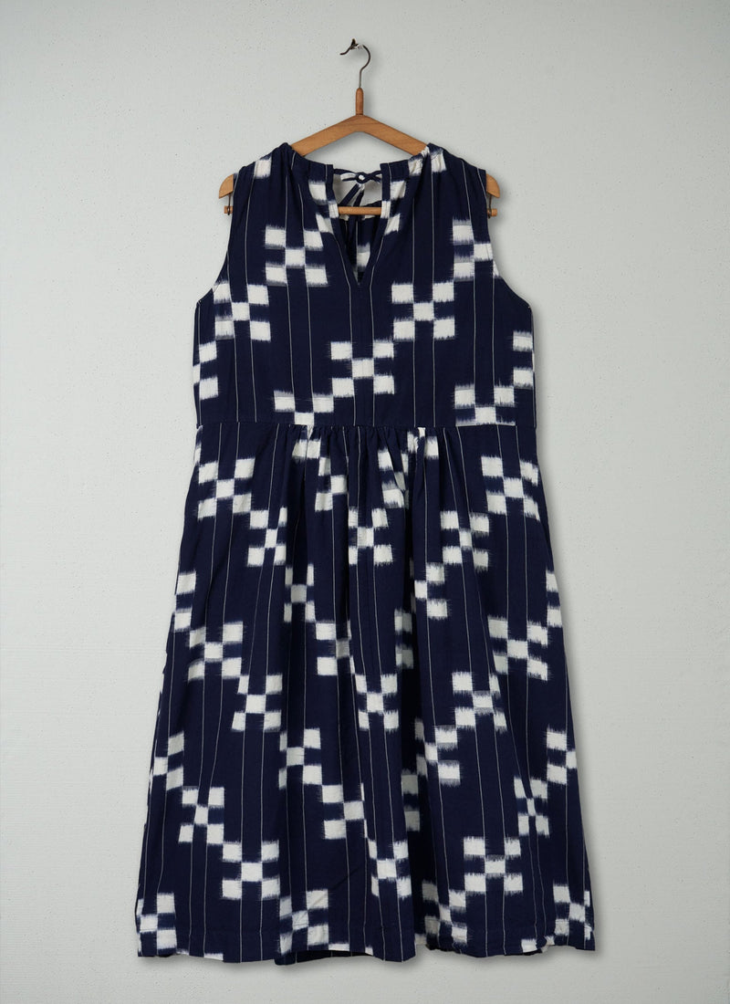 Reworn Ikat Dress Size 14 (432) | Denim Blue/Ecru