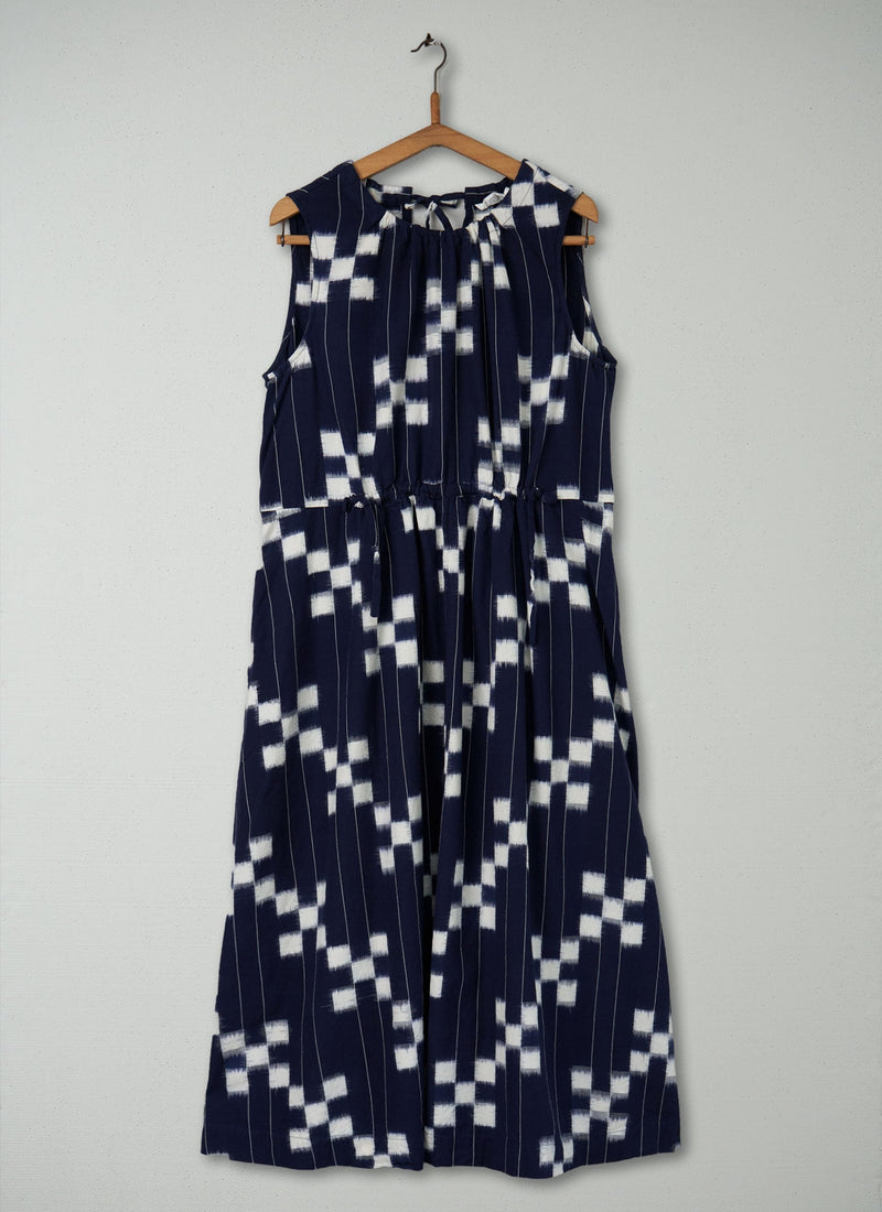 Reworn Ikat Dress Size 14 (432) | Denim Blue/Ecru