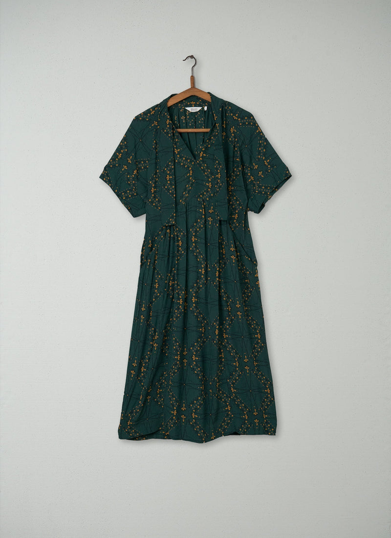 Reworn Tie Neck Crepe Print Dress Size M (197) | Sea Green