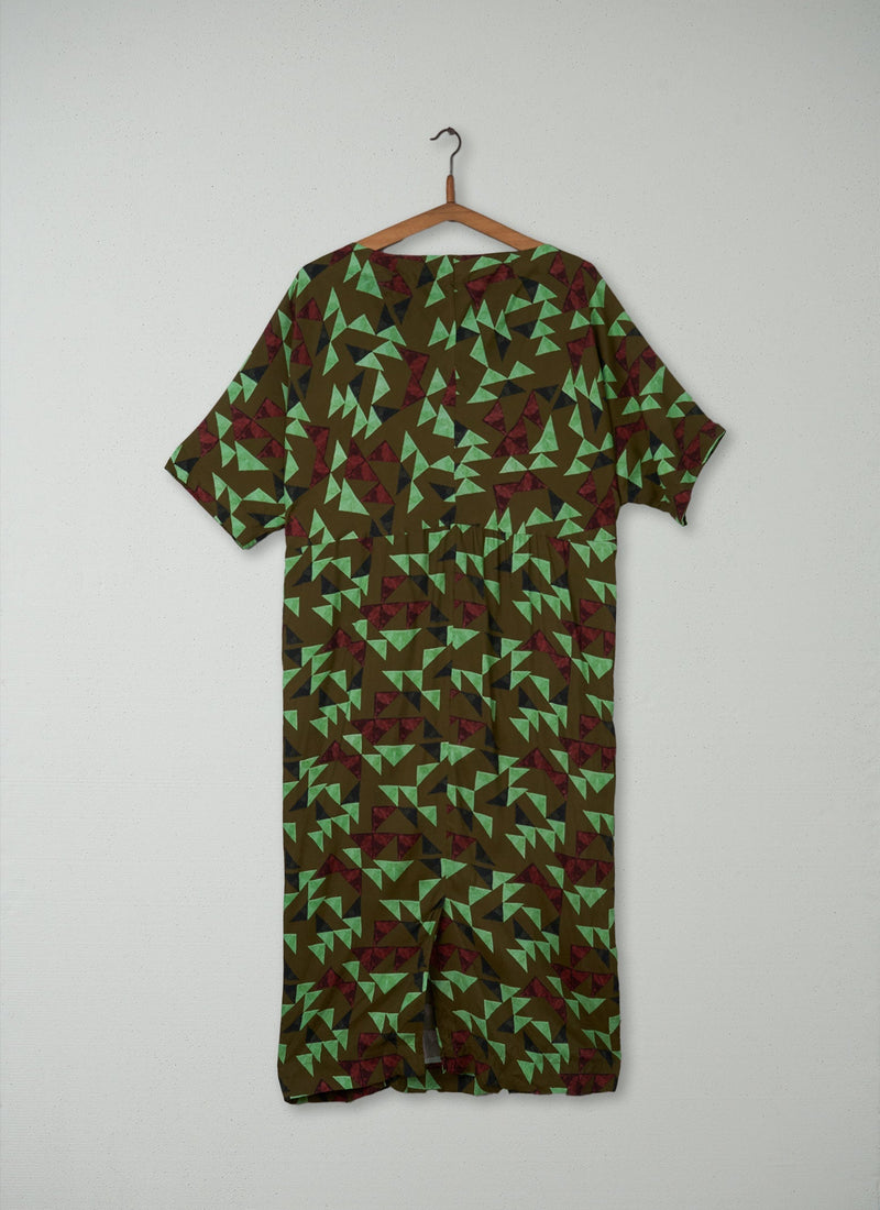 Reworn Tie Waist Print Dress Size L (240) | Olive Green