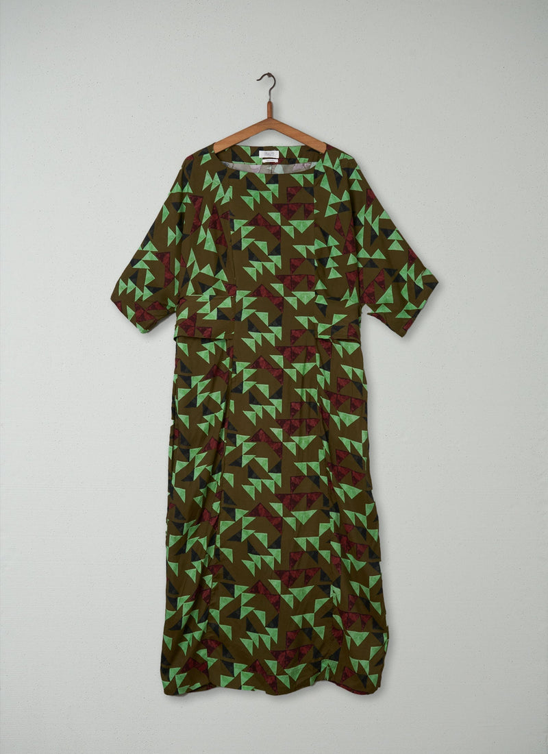 Reworn Tie Waist Print Dress Size L (240) | Olive Green