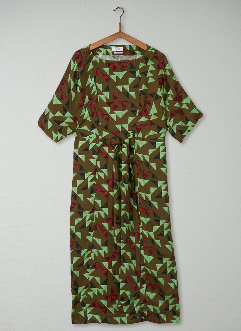 Reworn Tie Waist Dress Size S (452) | Olive Green