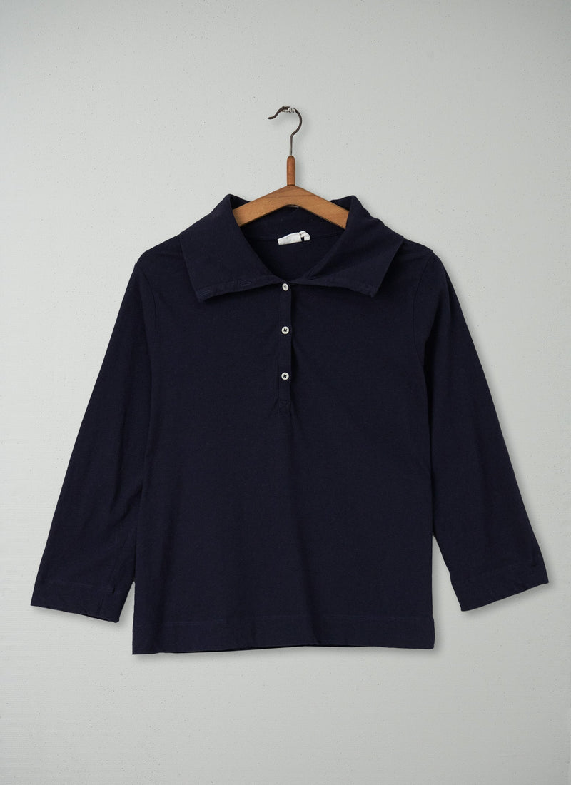 Reworn Collared Cotton Linen Tee Size M (025) | Dark Navy