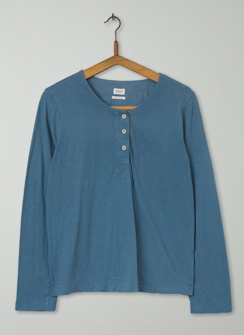 Reworn Cotton Linen Grandad Tee Size M (083) | Mineral Blue