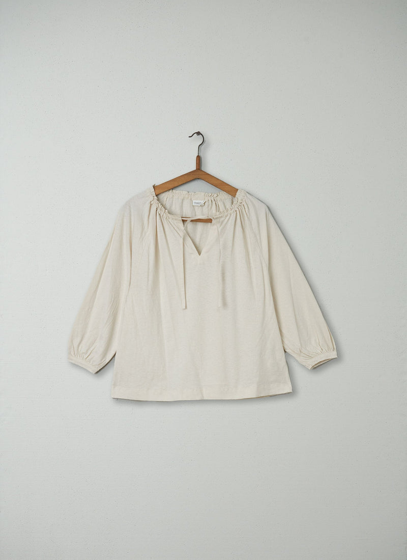 Reworn Tie Neck Cotton Linen Tee Size M (010) | Chalk