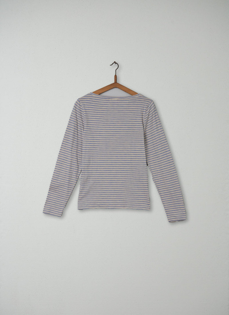 Reworn Boat Neck Long Sleeve Tee Size M (085) | Ecru/Celtic Blue