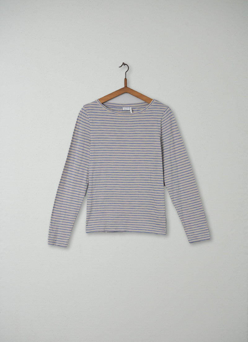 Reworn Boat Neck Long Sleeve Tee Size M (085) | Ecru/Celtic Blue