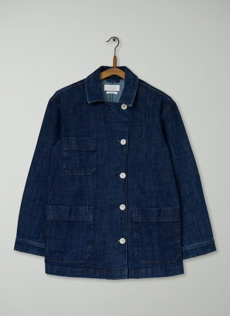 Reworn Open Collar Denim Jacket Size 6 (187) | Indigo