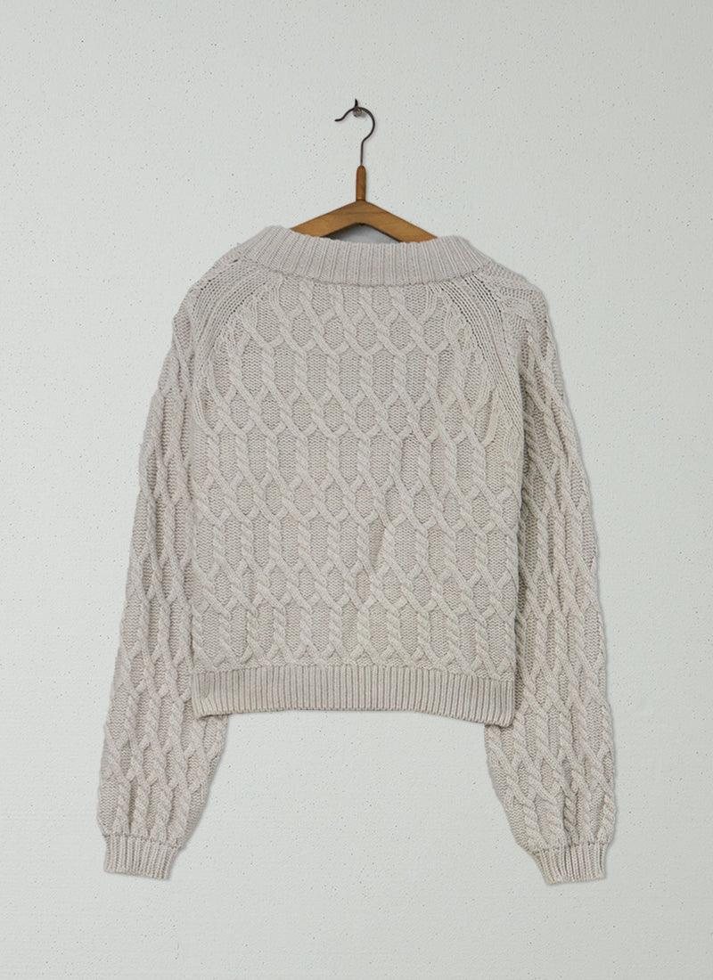 Reworn Wool Cotton Aran Cardigan Size S (433) | Chalk