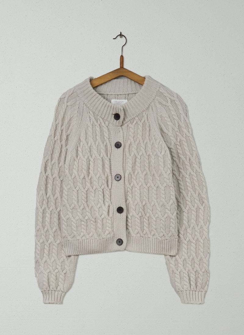 Reworn Wool Cotton Aran Cardigan Size S (433) | Chalk