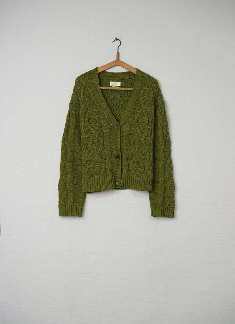 Reworn Wool Cotton Aran Cardigan Size L (028) | Fern
