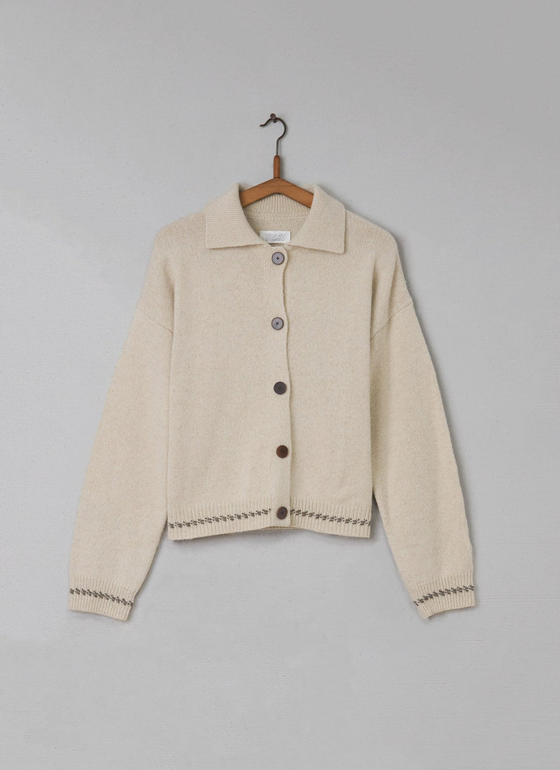 Reworn Wool Cotton Cardigan Size L (027) | Chalk/Mole