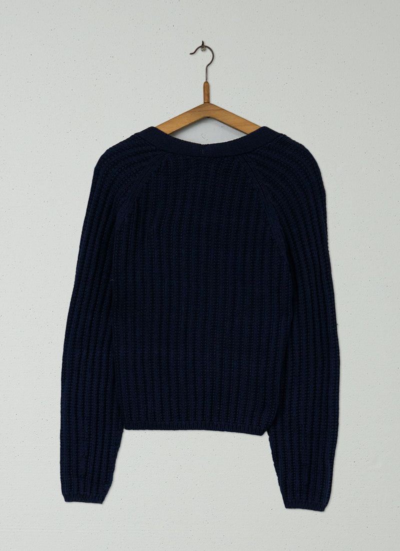 Reworn Ribbed Wool Cotton Cardigan Size S (440) | Navy