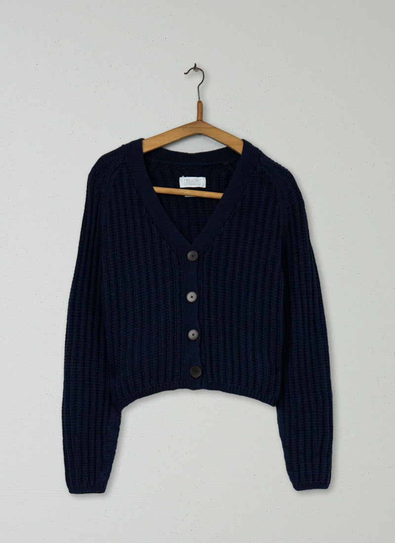 Reworn Ribbed Wool Cotton Cardigan Size S (440) | Navy