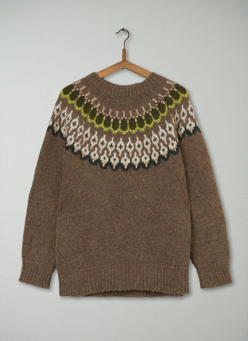 Reworn Jacquard Yoke Sweater Size M (164) | Fawn Multi