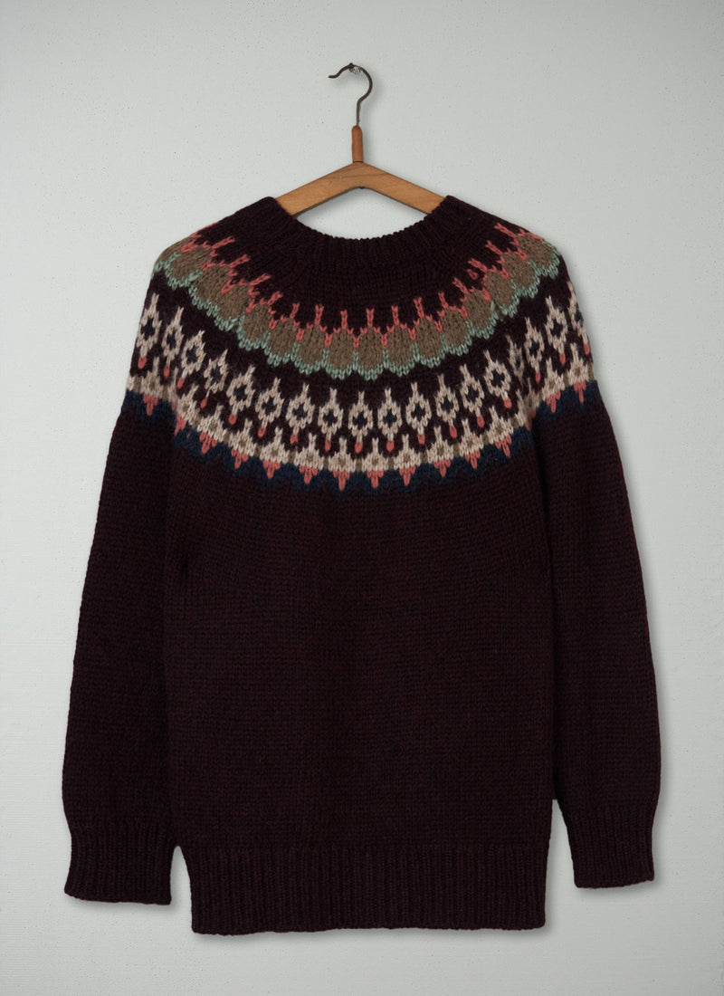 Reworn Jacquard Yoke Sweater Size S (167) | Plum Multi