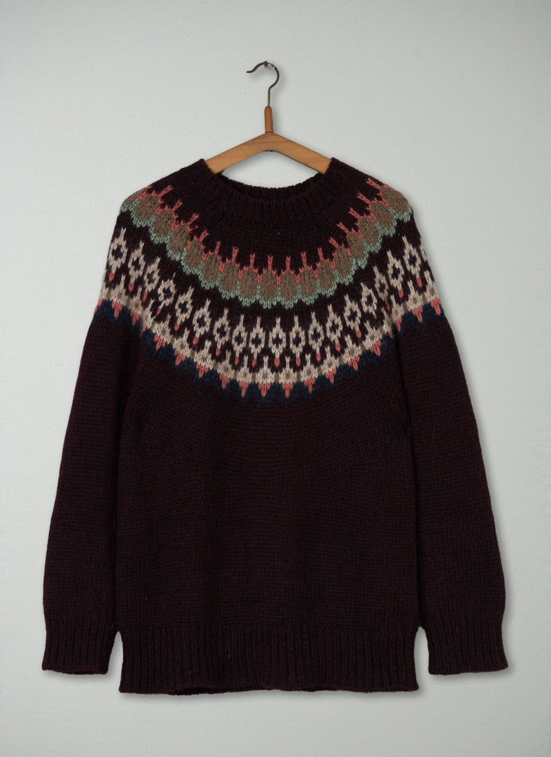 Reworn Jacquard Yoke Sweater Size S (167) | Plum Multi