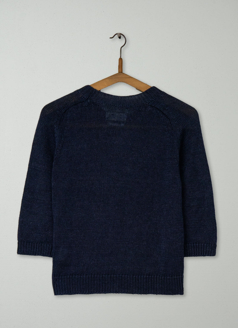 Reworn Cropped Sleeve Linen Sweater Size XXS (458) | Navy