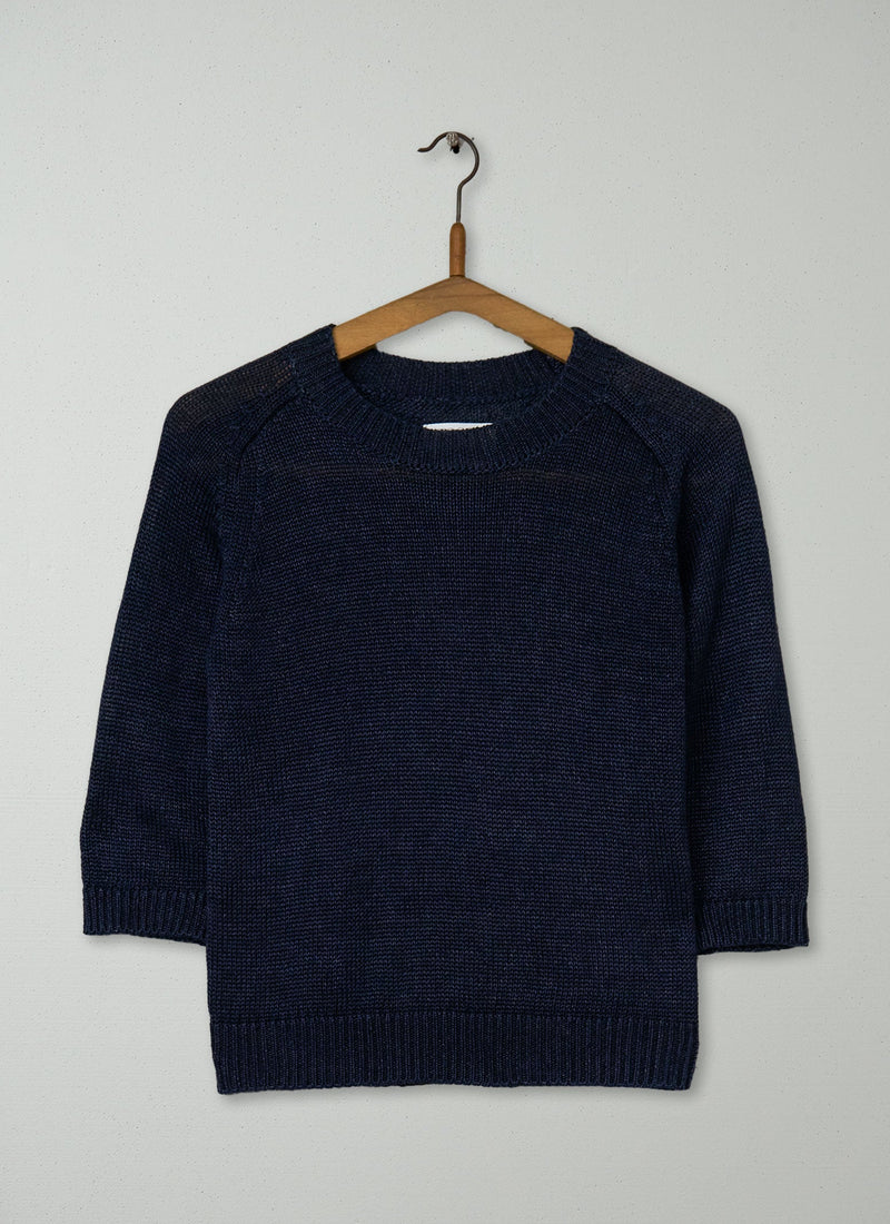 Reworn Cropped Sleeve Linen Sweater Size XXS (458) | Navy