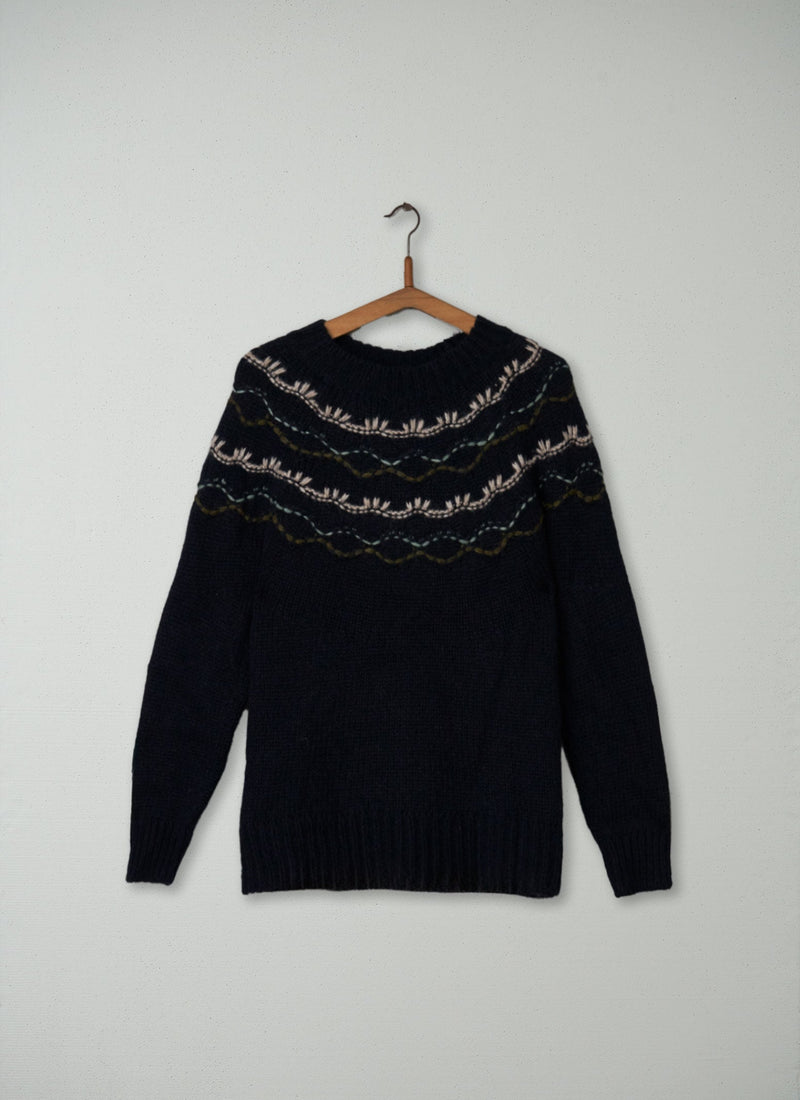 Reworn Stitch Yoke Sweater Size L (080) | Navy Multi