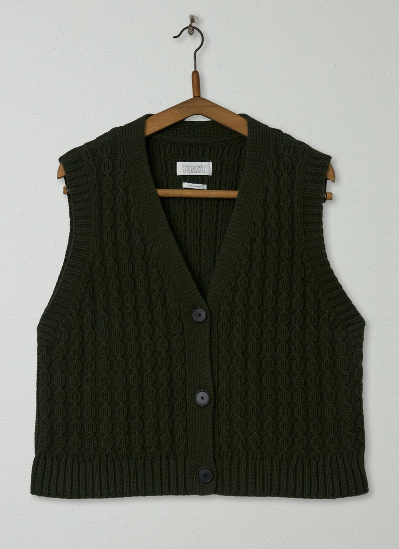 Reworn Textured Knitted Waistcoat Size S (542) | Olive