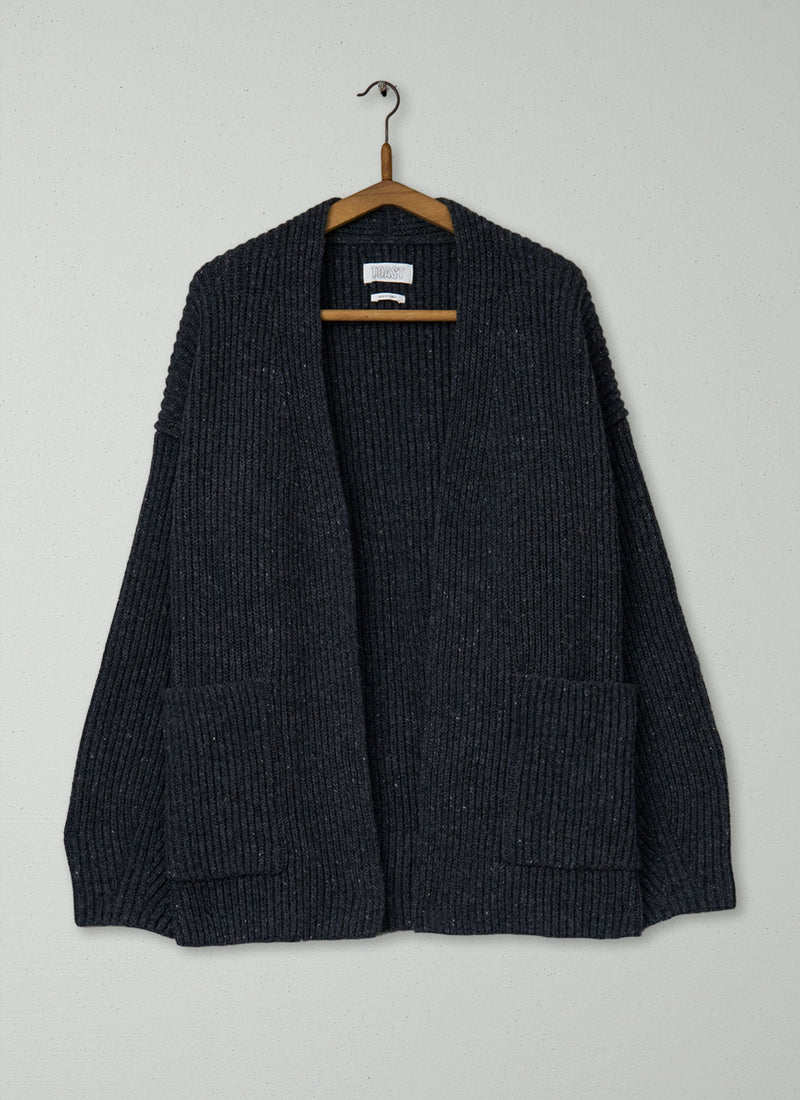 Reworn Ribbed Wool Knitted Cardigan Size SM (453) | Charcoal
