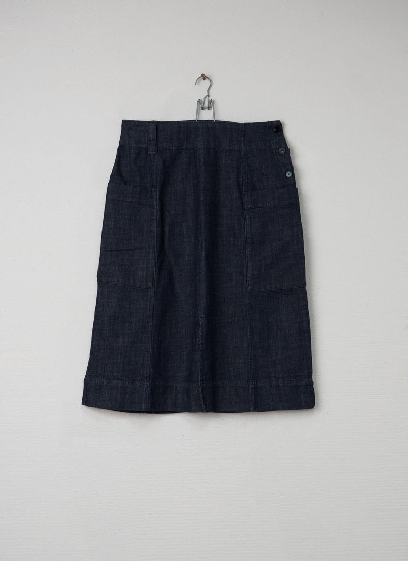 Reworn Side Button Denim Skirt Size 14 (007) | Indigo
