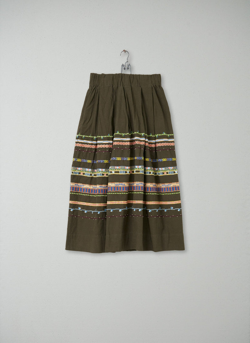 Reworn Embroidered Cotton Skirt Size S (036) | Tent Green