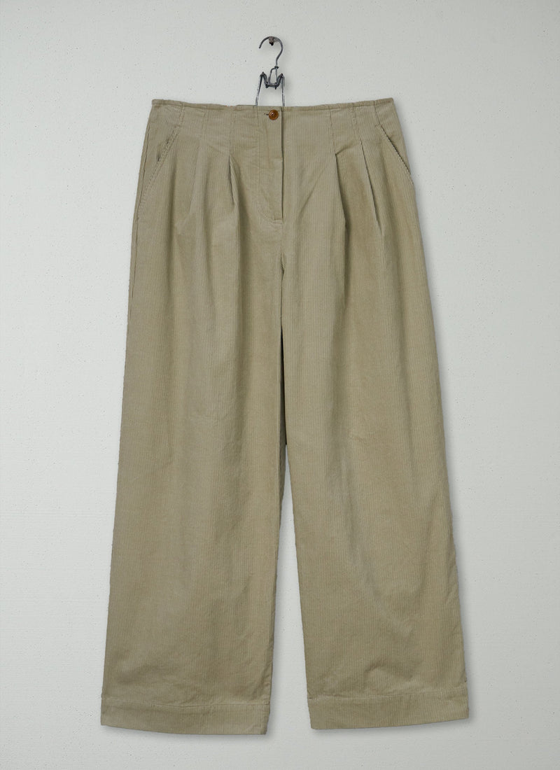 Reworn Pleated Soft Cord Trousers Size 12 (1227) | Stone