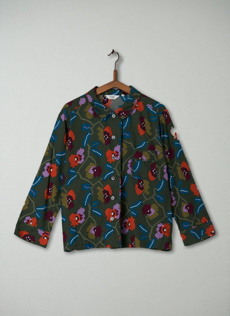 Reworn Silk Cotton PJ Shirt Size 12 (222) | Khaki