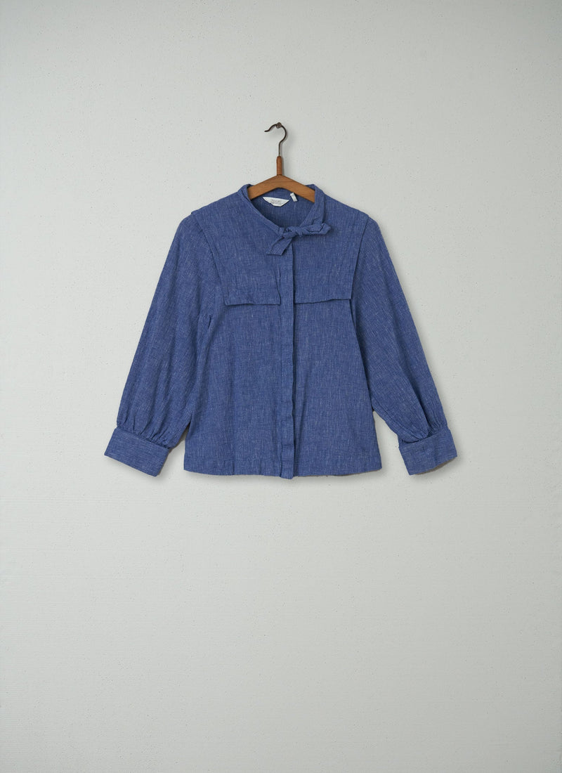Reworn Tie Neck Chambray Shirt Size 8 (098) | Chambray Blue