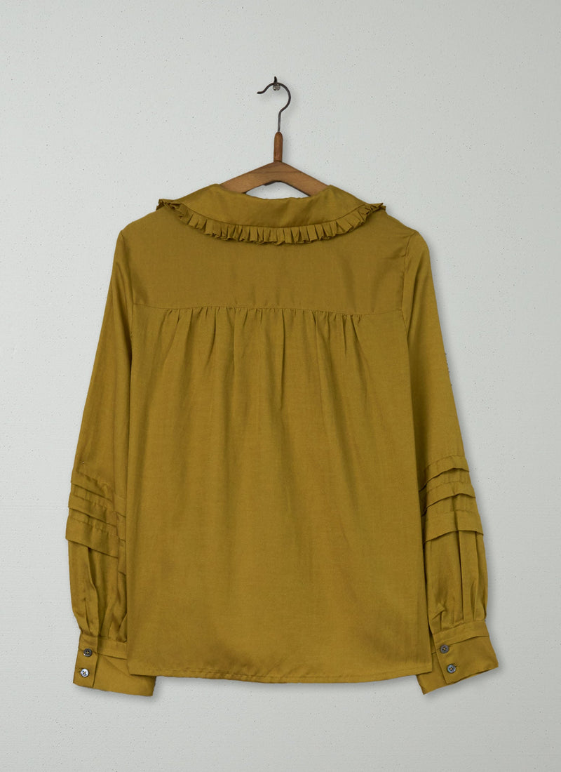 Reworn Ruffled Collar Cotton Silk Shirt Size 8 (908) | Soft Ochre