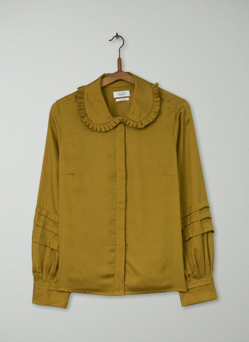 Reworn Ruffled Collar Cotton Silk Shirt Size 8 (908) | Soft Ochre