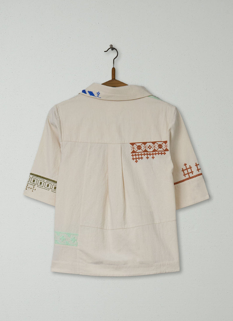 Reworn Embroidered Cotton Shirt Size 6 (779) | Ecru