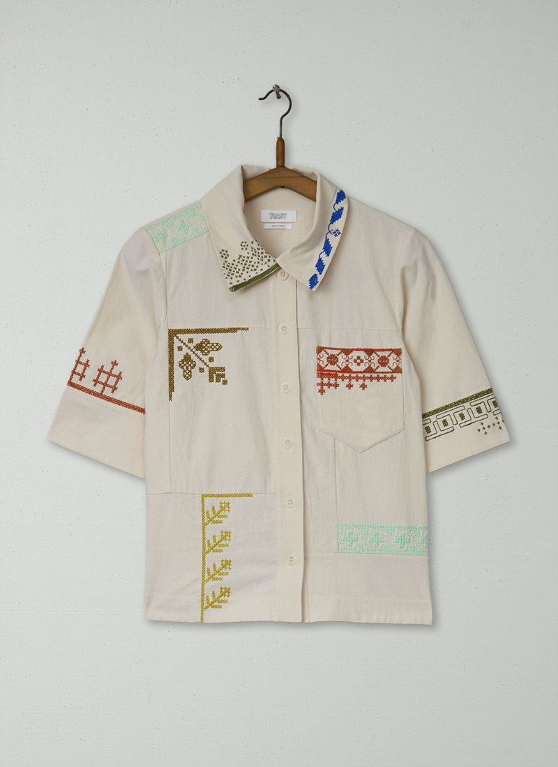 Reworn Embroidered Cotton Shirt Size 6 (779) | Ecru
