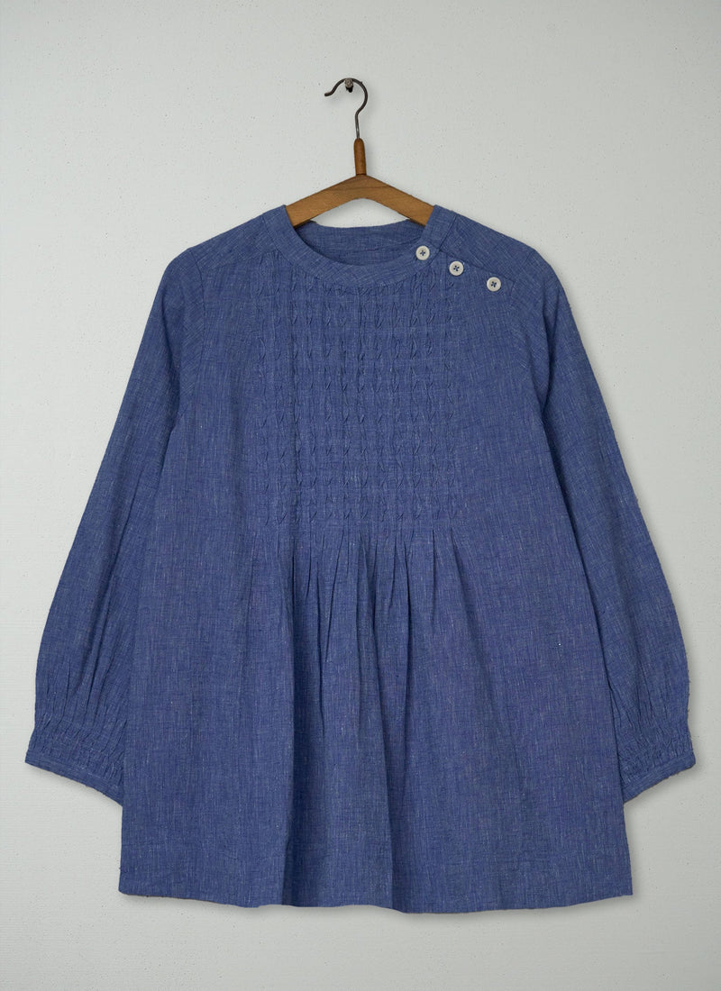 Reworn Pintuck Cotton Linen Top Size S (1097) | Chambray Blue