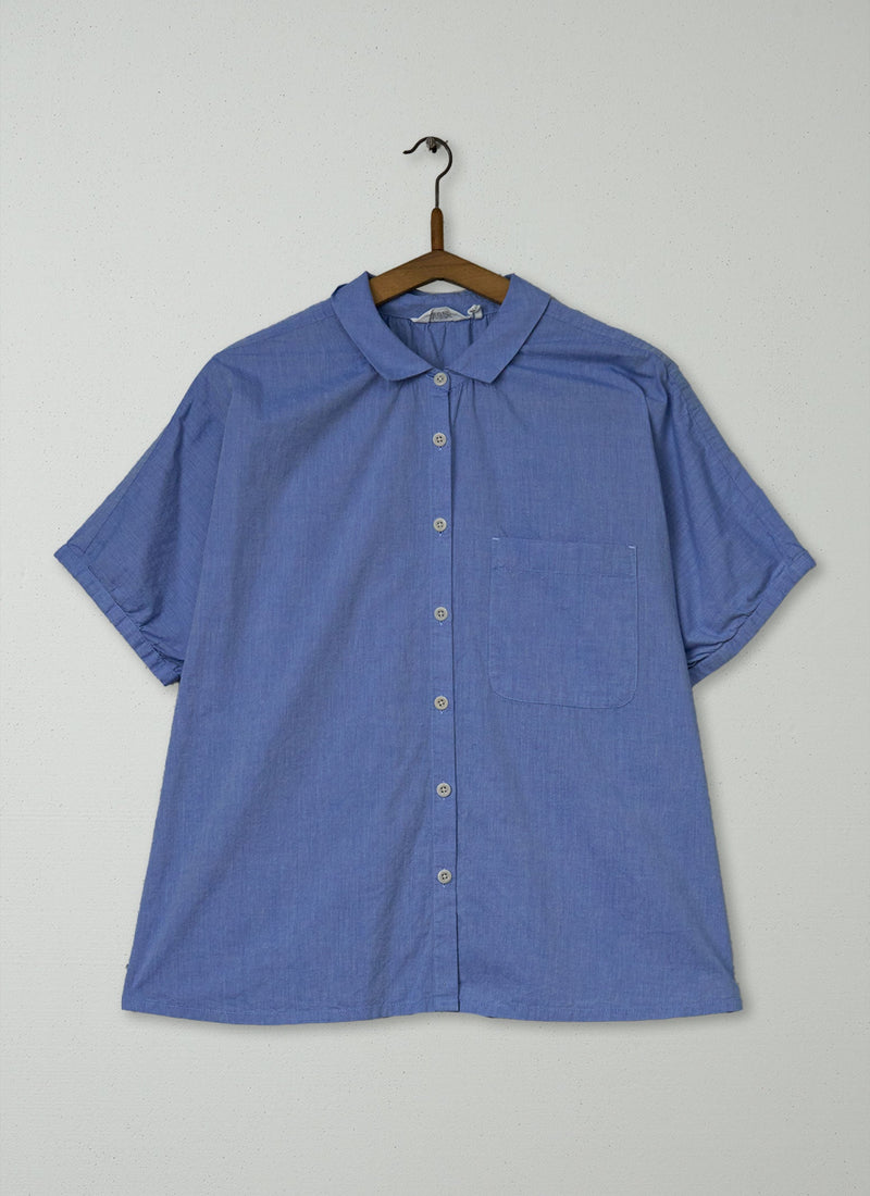Reworn Gathered Cotton Chambray Shirt Size L (869) | Light Blue