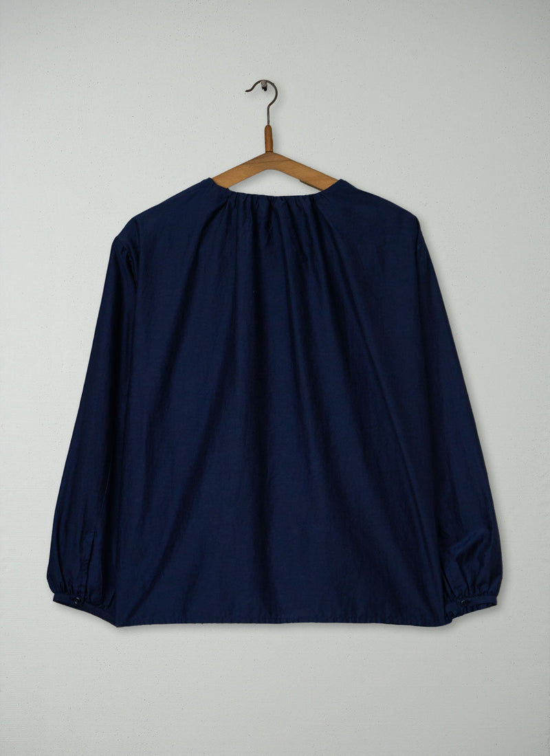 Reworn Gathered Neck Cotton Silk Top Size L (1231) | Navy