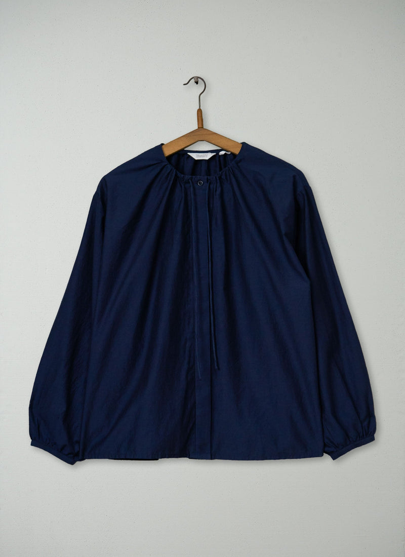 Reworn Gathered Neck Cotton Silk Top Size L (1231) | Navy