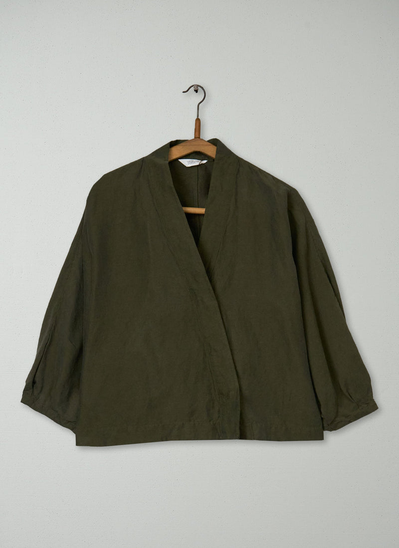 Reworn Linen Silk Wrap Shirt Size M (917) | Tent Green