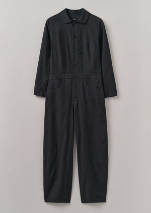 Half Placket Cotton Linen Jumpsuit | Soft Black