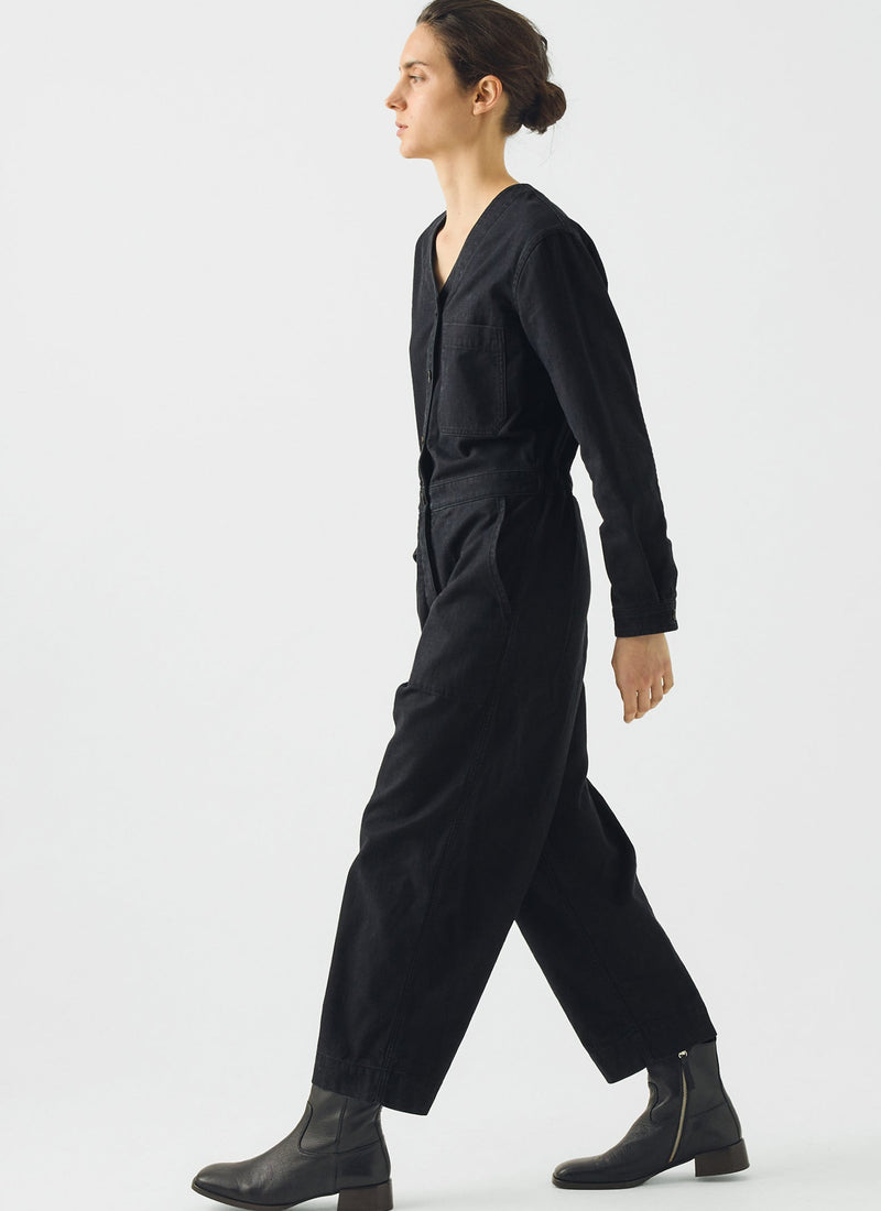 V Neck Cotton Twill Workwear Jumpsuit | Blue Black