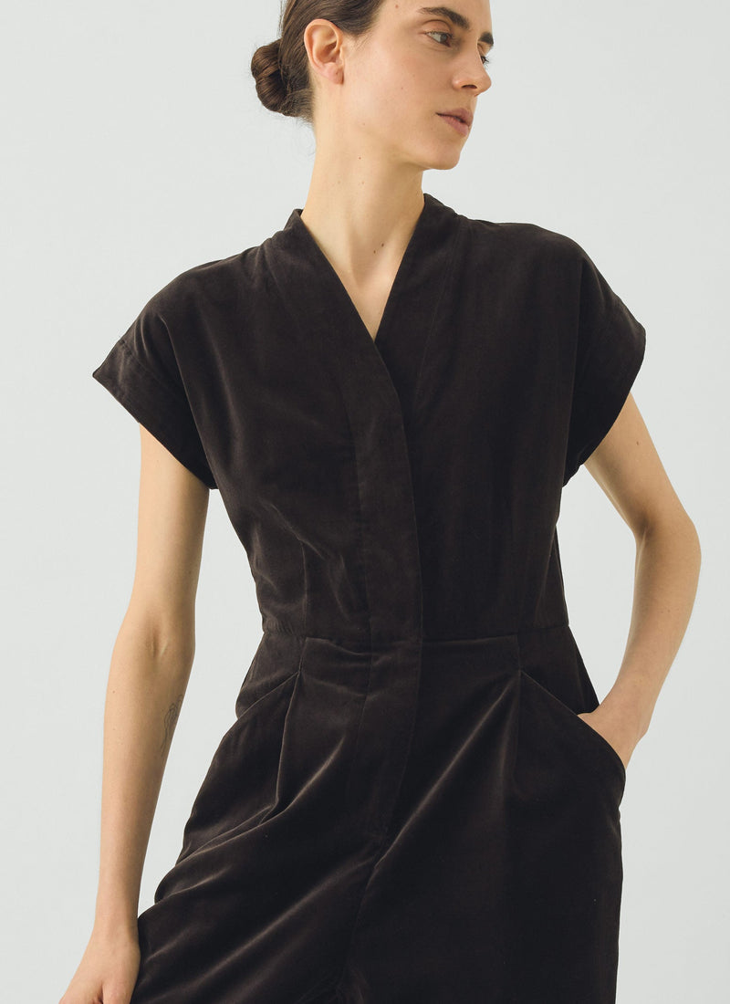 Cotton Velvet Cross Front Jumpsuit | Brown Slate