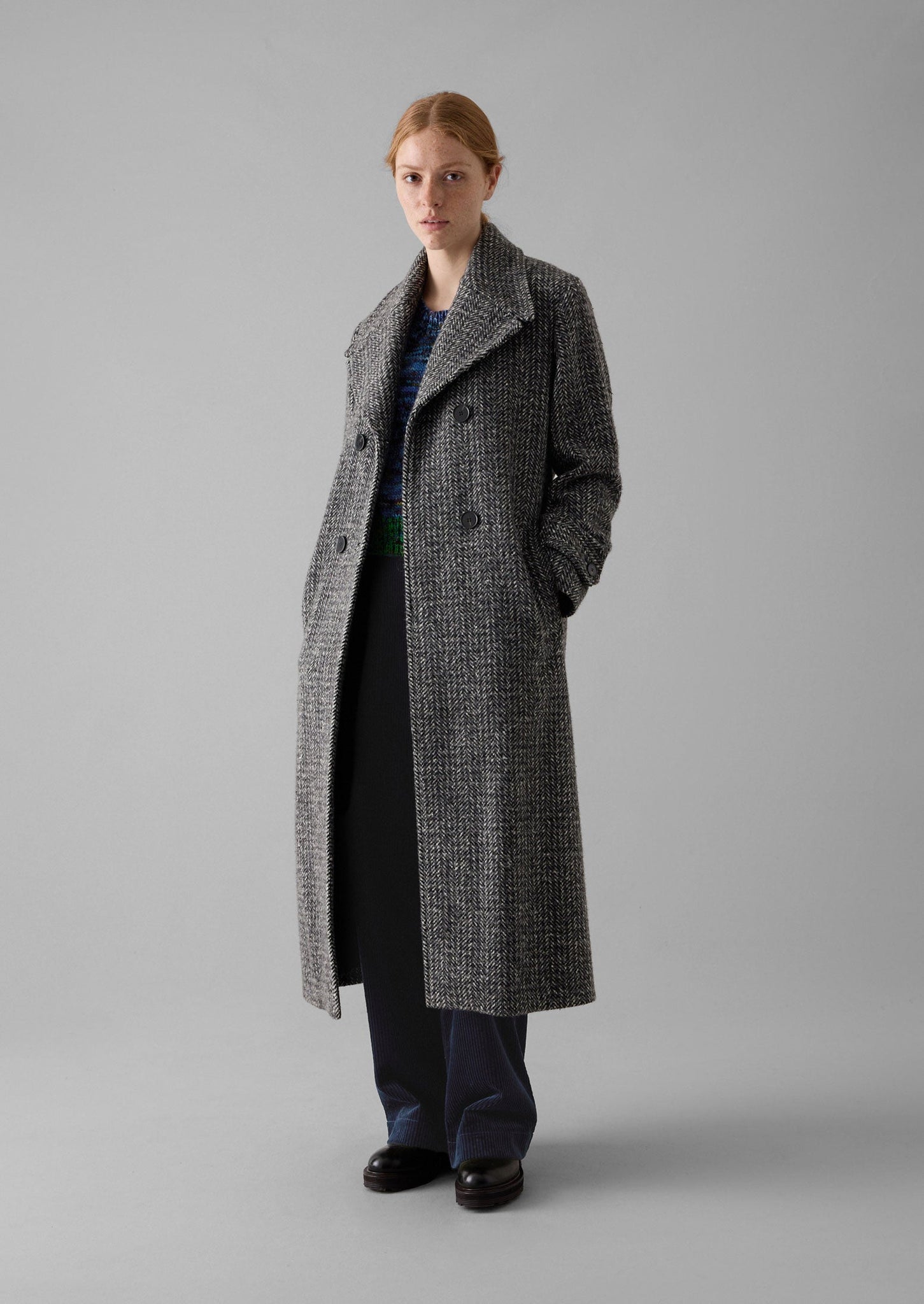 Wool Herringbone Belted Coat | Grey Melange