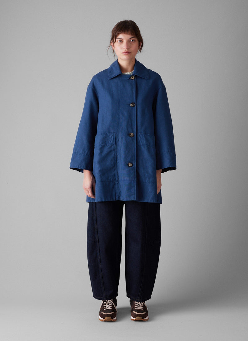 A Line Cotton Linen Canvas Coat | Dark Ash Blue